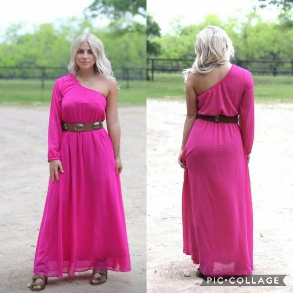 Pink One Shoulder Chiffon Dress
